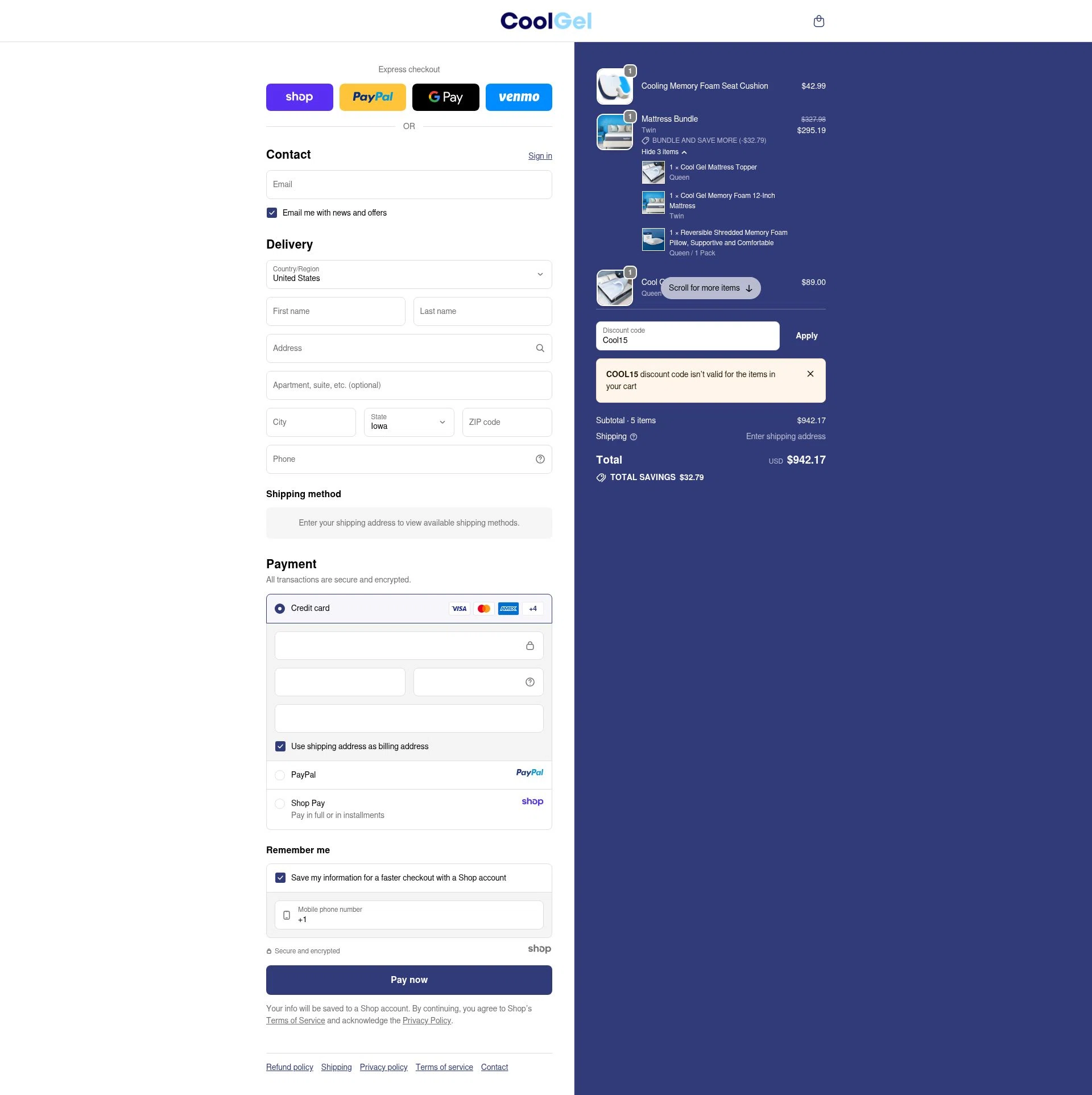 Coolgel.com checkout page showing Coolgel.com promo code box | Screenshot taken by SimplyCodes community member on Oct 26, 2025