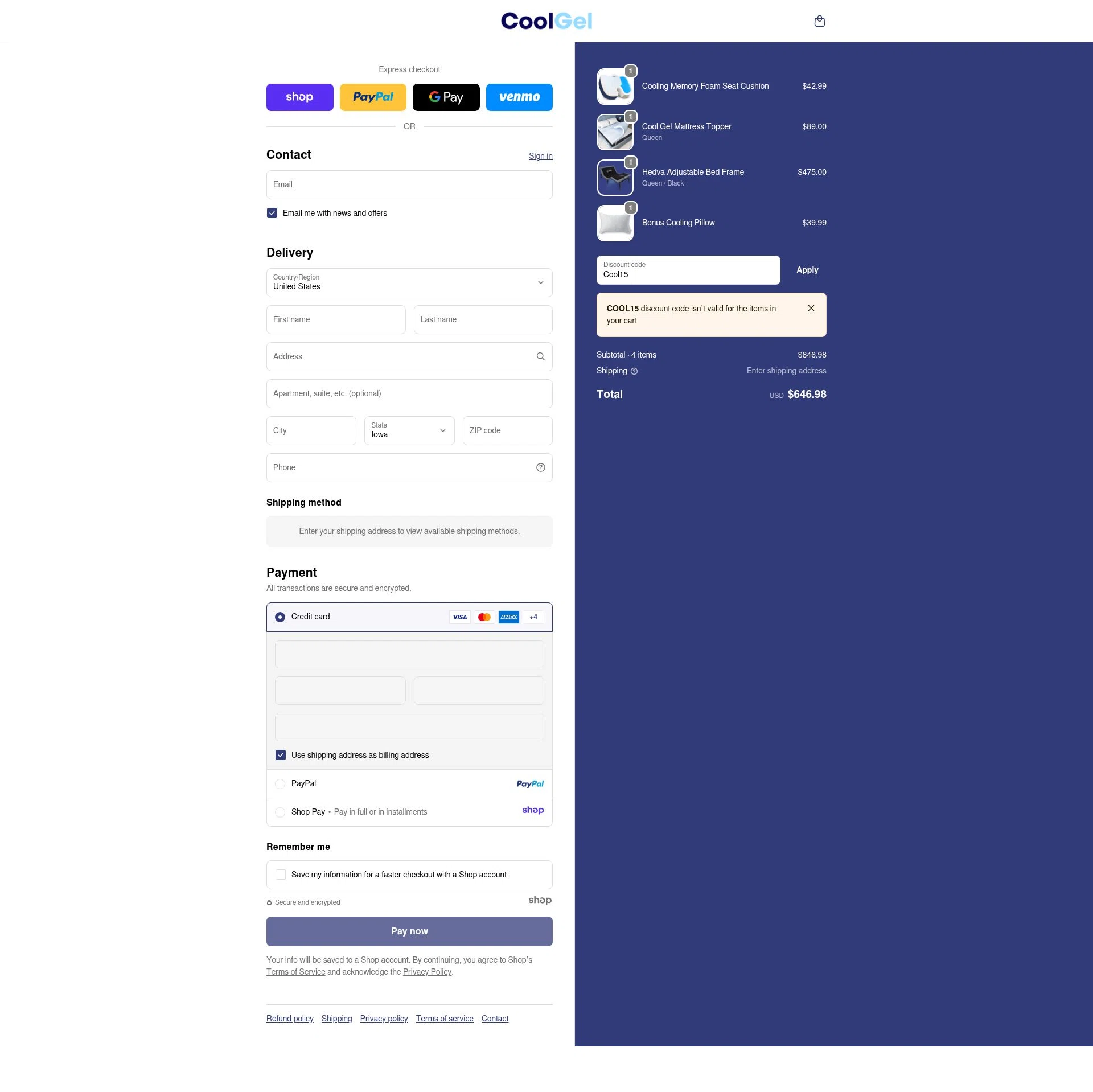 Coolgel.com checkout page showing Coolgel.com promo code box | Screenshot taken by SimplyCodes community member on Nov 1, 2025