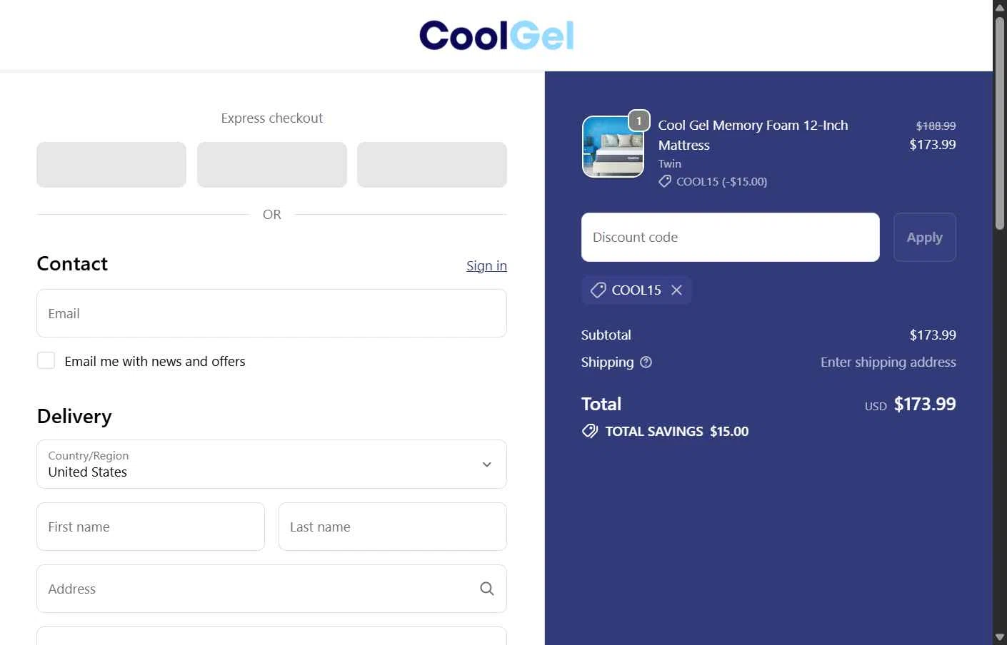 Coolgel.com checkout page showing Coolgel.com promo code box | Screenshot taken by SimplyCodes community member on Oct 21, 2025