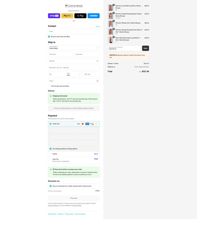 Coolibar checkout page showing Coolibar promo code box | Screenshot taken by SimplyCodes community member on Aug 26, 2025