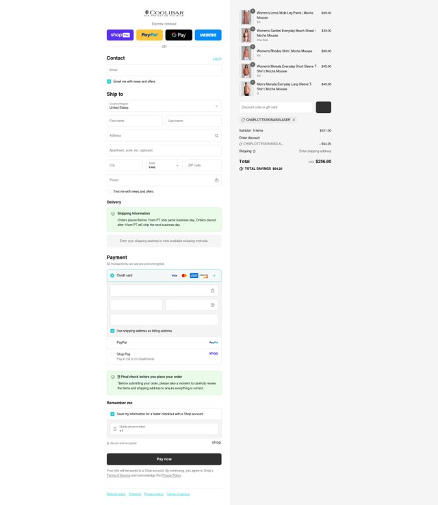 Coolibar checkout page showing Coolibar promo code box | Screenshot taken by SimplyCodes community member on Aug 22, 2025
