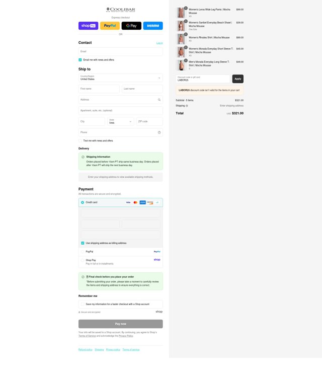 Coolibar checkout page showing Coolibar promo code box | Screenshot taken by SimplyCodes community member on Aug 26, 2025