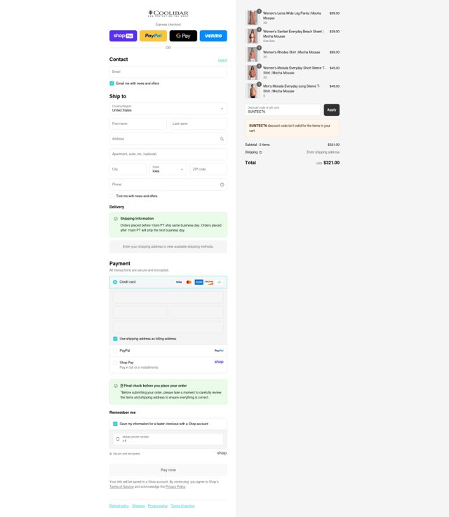 Coolibar checkout page showing Coolibar promo code box | Screenshot taken by SimplyCodes community member on Aug 22, 2025