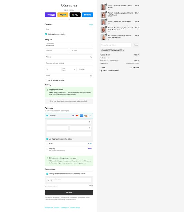 Coolibar checkout page showing Coolibar promo code box | Screenshot taken by SimplyCodes community member on Aug 26, 2025
