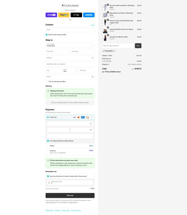Coolibar checkout page showing Coolibar promo code box | Screenshot taken by SimplyCodes community member on Aug 17, 2025