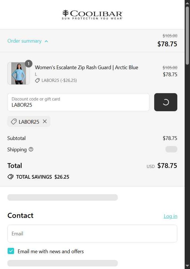 Coolibar checkout page showing Coolibar promo code box | Screenshot taken by SimplyCodes community member on Aug 23, 2025