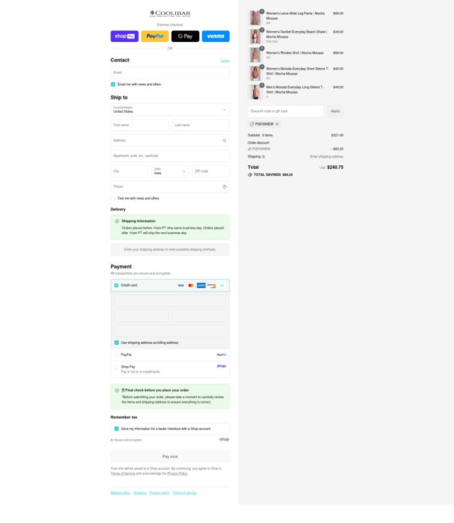 Coolibar checkout page showing Coolibar promo code box | Screenshot taken by SimplyCodes community member on Aug 22, 2025
