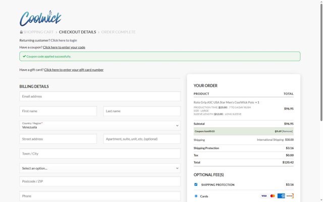 Coolwick checkout page showing Coolwick coupon code box | Screenshot taken by SimplyCodes community member on Jul 26, 2025