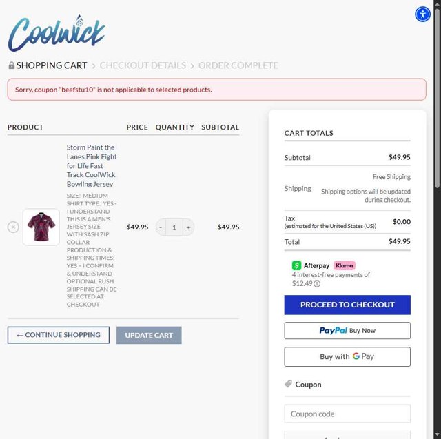 Coolwick checkout page showing Coolwick coupon code box | Screenshot taken by SimplyCodes community member on Aug 12, 2025