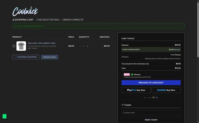 Coolwick checkout page showing Coolwick coupon code box | Screenshot taken by SimplyCodes community member on Aug 24, 2025