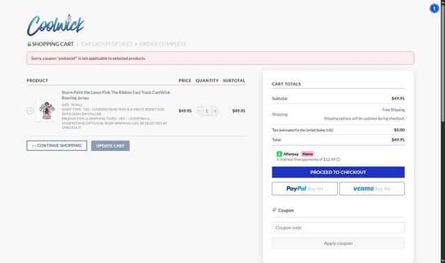 Coolwick checkout page showing Coolwick coupon code box | Screenshot taken by SimplyCodes community member on Aug 11, 2025