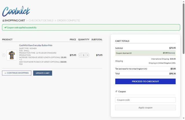 Coolwick checkout page showing Coolwick coupon code box | Screenshot taken by SimplyCodes community member on Aug 1, 2025
