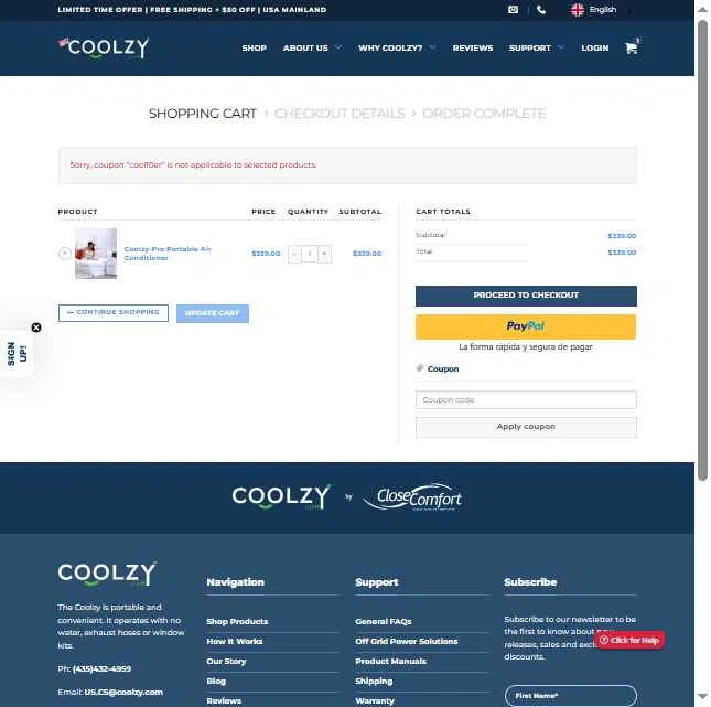 Coolzy checkout page showing Coolzy coupon code box | Screenshot taken by SimplyCodes community member on Nov 20, 2025
