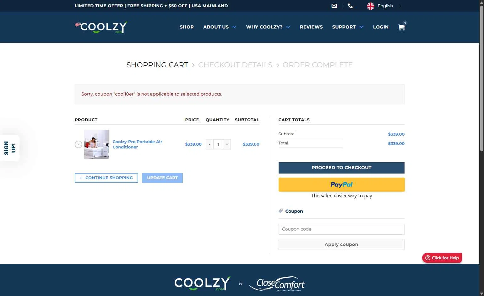 Coolzy checkout page showing Coolzy coupon code box | Screenshot taken by SimplyCodes community member on Oct 23, 2025