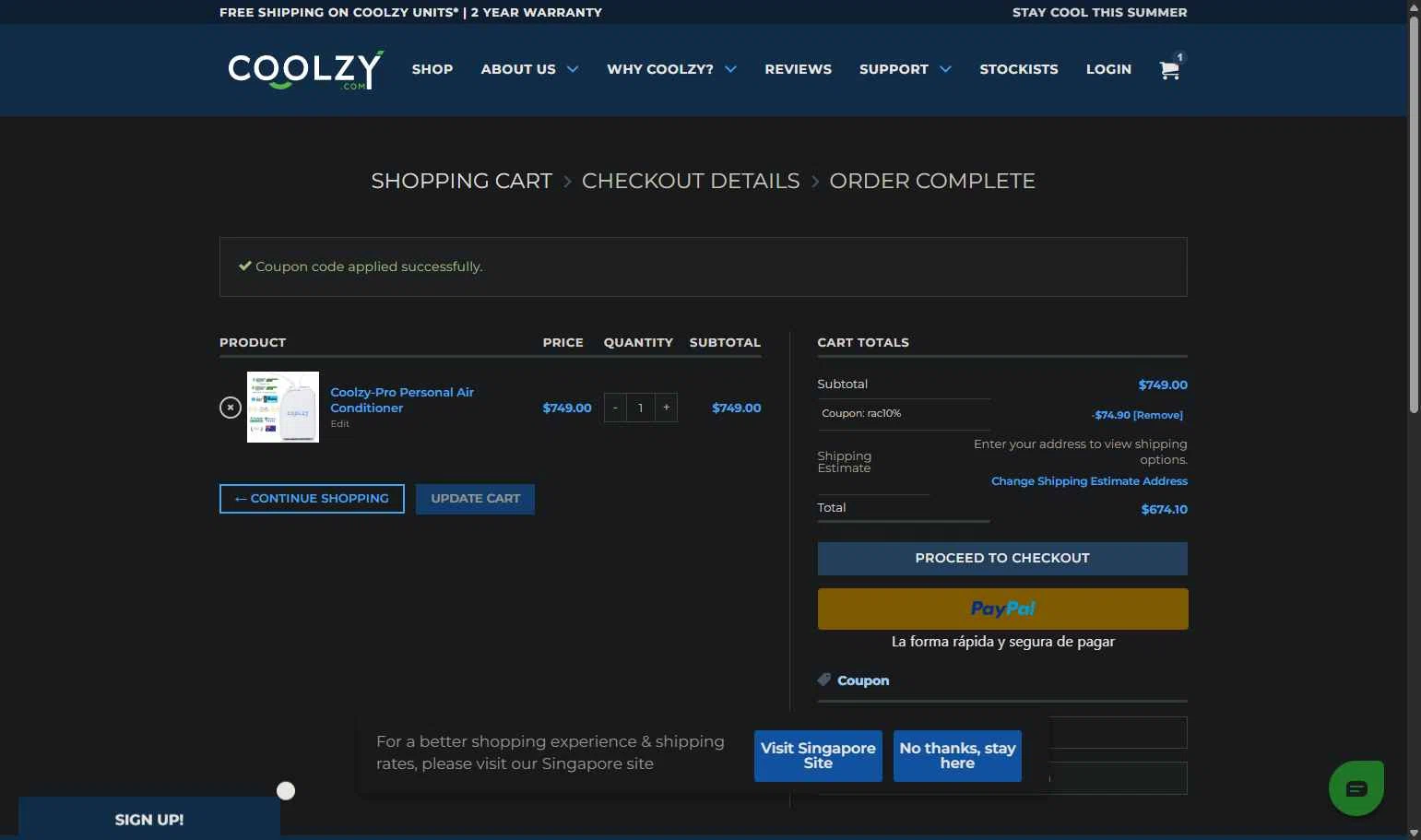 Coolzy checkout page showing Coolzy coupon code box | Screenshot taken by SimplyCodes community member on Jan 31, 2026
