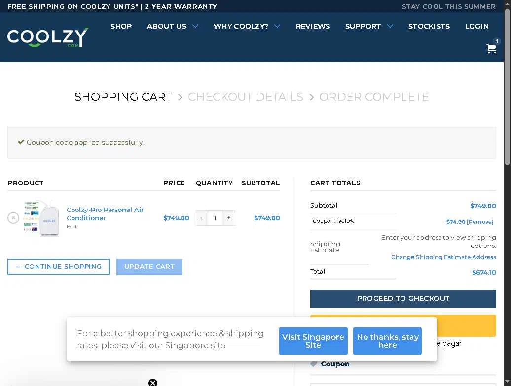 Coolzy checkout page showing Coolzy coupon code box | Screenshot taken by SimplyCodes community member on Dec 16, 2025