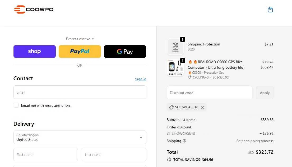 Coospo discount code screenshot showing code SHOWCASE10 applied at Coospo checkout page. Uploaded by SimplyCodes community member CouponOwl521 on Nov 25, 2025