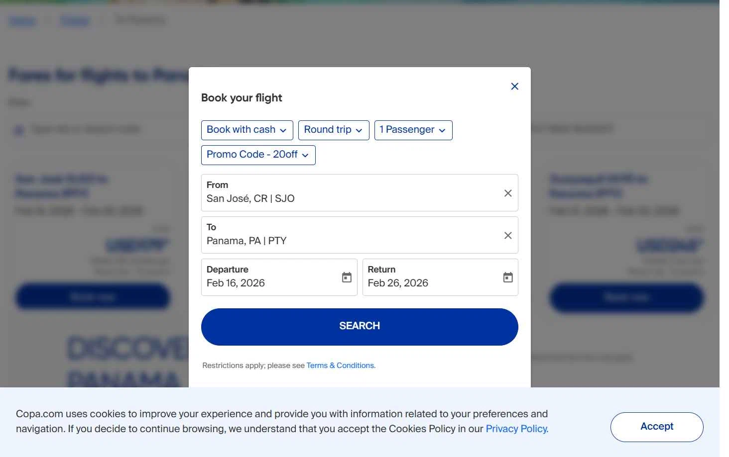 Copa Airlines checkout page showing Copa Airlines promo code box | Screenshot taken by SimplyCodes community member on Jan 23, 2026
