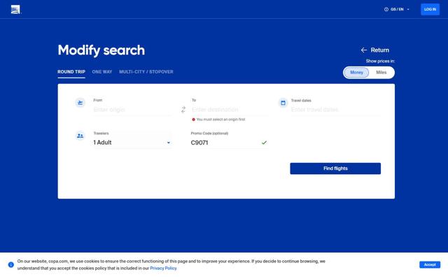 Copa Airlines checkout page showing Copa Airlines promo code box | Screenshot taken by SimplyCodes community member on Aug 25, 2025