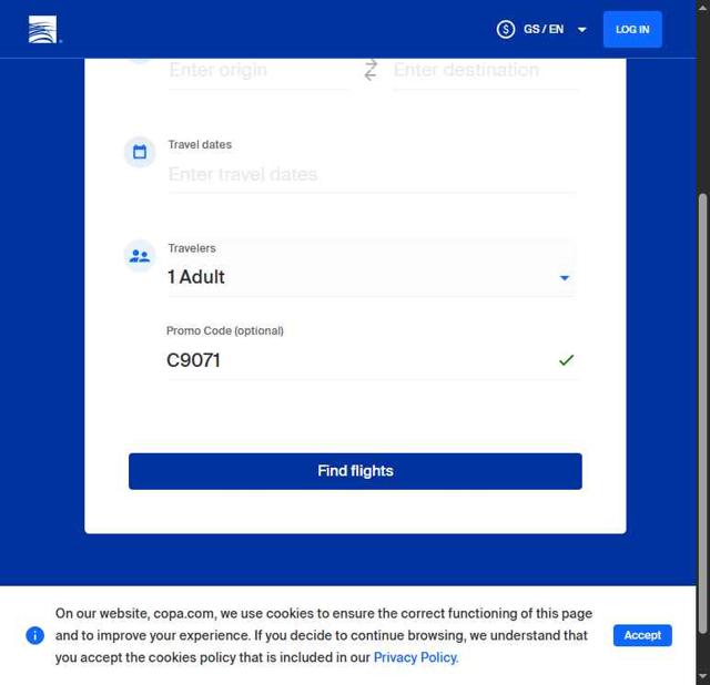 Copa Airlines checkout page showing Copa Airlines promo code box | Screenshot taken by SimplyCodes community member on Aug 25, 2025