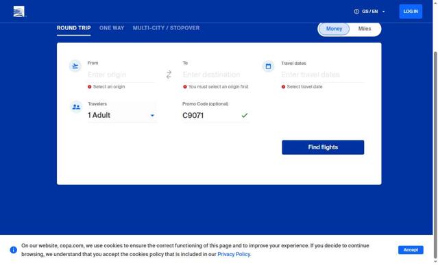 Copa Airlines checkout page showing Copa Airlines promo code box | Screenshot taken by SimplyCodes community member on Aug 10, 2025