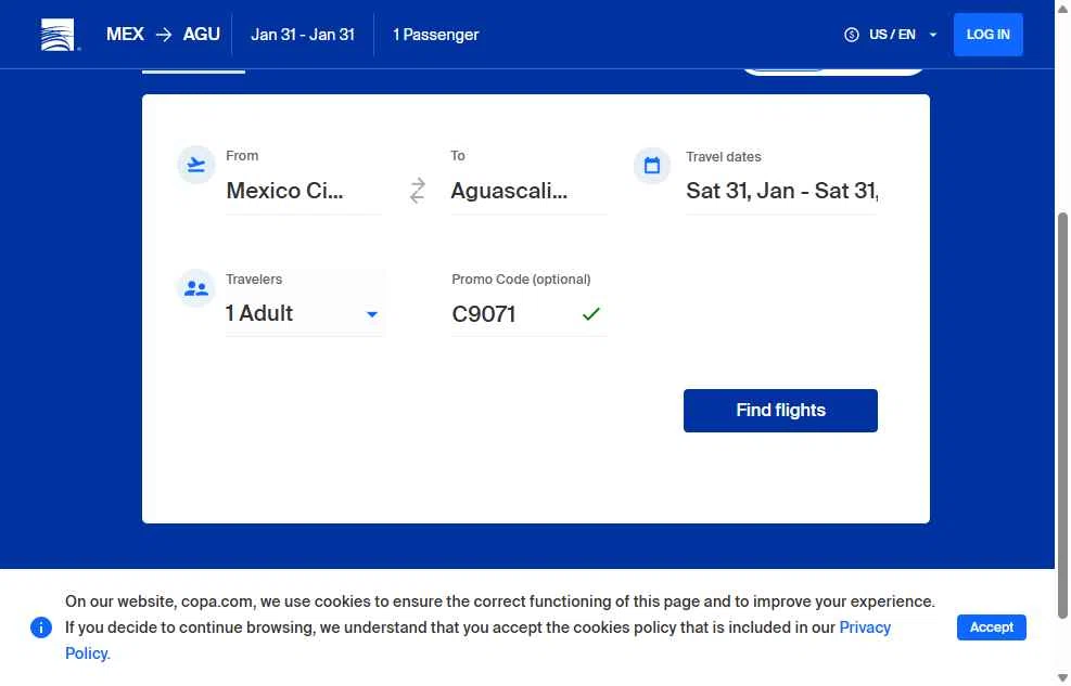 Copa Airlines checkout page showing Copa Airlines promo code box | Screenshot taken by SimplyCodes community member on Feb 1, 2026
