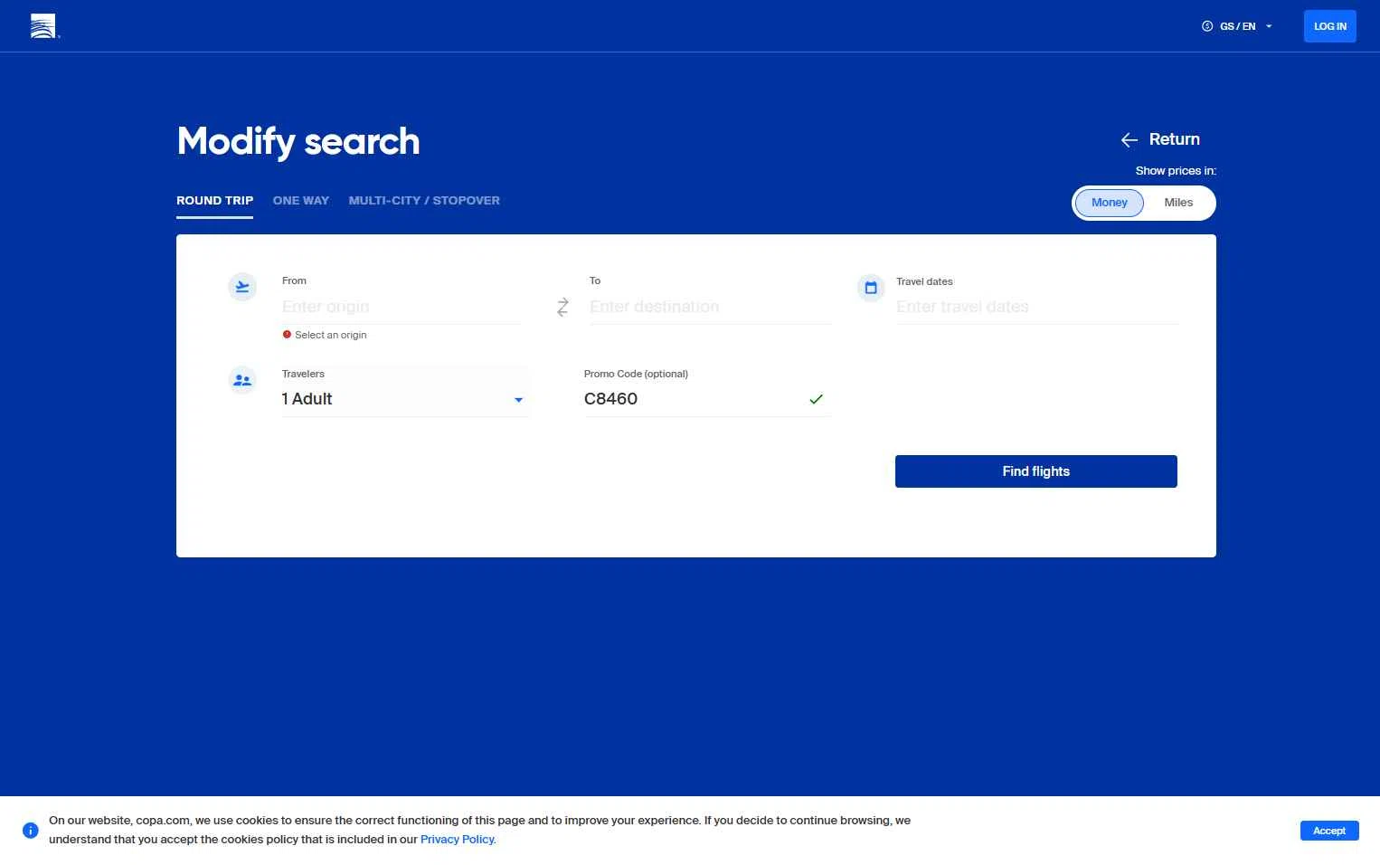 Copa Airlines checkout page showing Copa Airlines promo code box | Screenshot taken by SimplyCodes community member on Feb 24, 2026