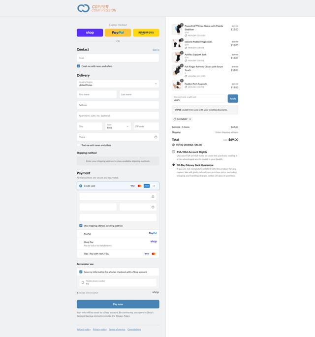Copper Compression checkout page showing Copper Compression promo code box | Screenshot taken by SimplyCodes community member on Sep 10, 2025