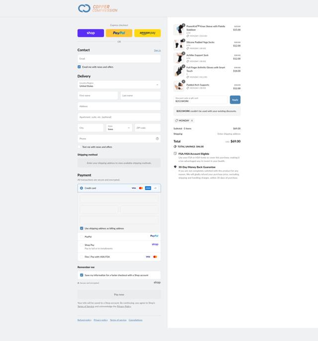 Copper Compression checkout page showing Copper Compression promo code box | Screenshot taken by SimplyCodes community member on Sep 10, 2025