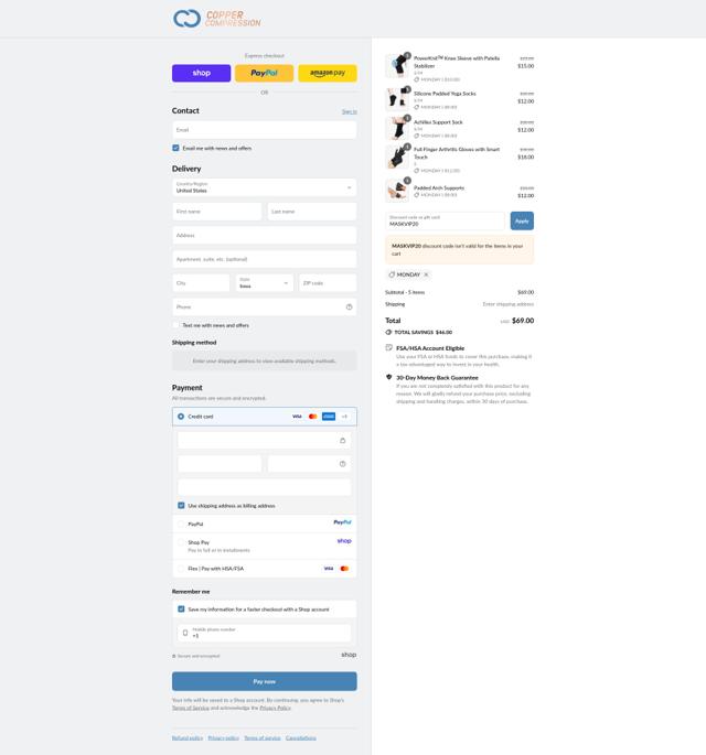 Copper Compression checkout page showing Copper Compression promo code box | Screenshot taken by SimplyCodes community member on Sep 10, 2025