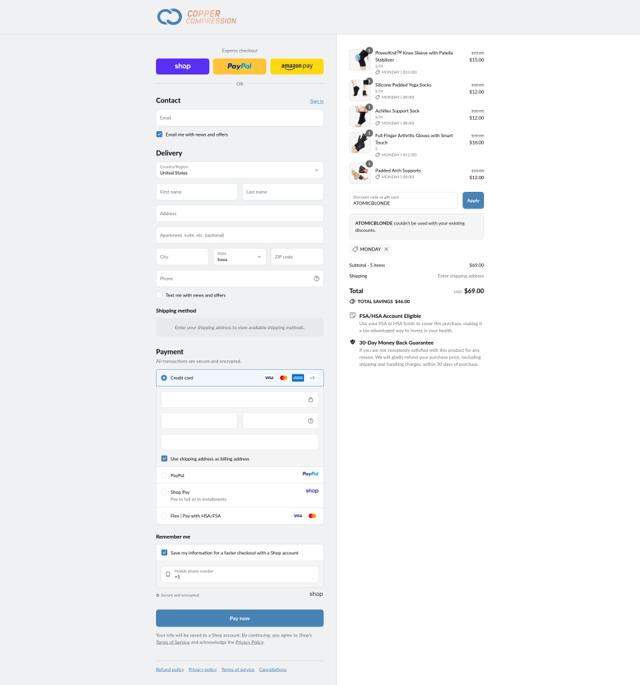 Copper Compression checkout page showing Copper Compression promo code box | Screenshot taken by SimplyCodes community member on Sep 10, 2025