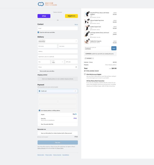 Copper Compression checkout page showing Copper Compression promo code box | Screenshot taken by SimplyCodes community member on Sep 10, 2025