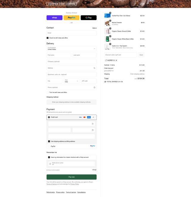 Copper Cow Coffee checkout page showing Copper Cow Coffee discount code box | Screenshot taken by SimplyCodes community member on Sep 14, 2025