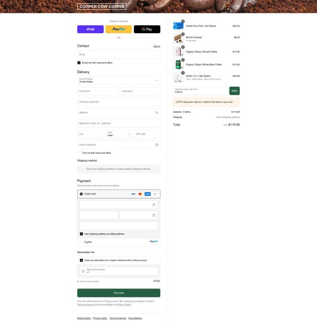 Copper Cow Coffee checkout page showing Copper Cow Coffee discount code box | Screenshot taken by SimplyCodes community member on Sep 14, 2025