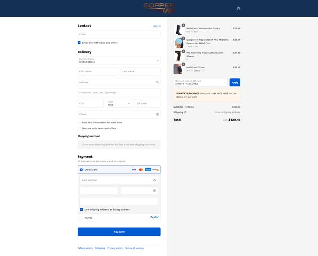 Copperfit checkout page showing Copperfit promo code box | Screenshot taken by SimplyCodes community member on Sep 13, 2025