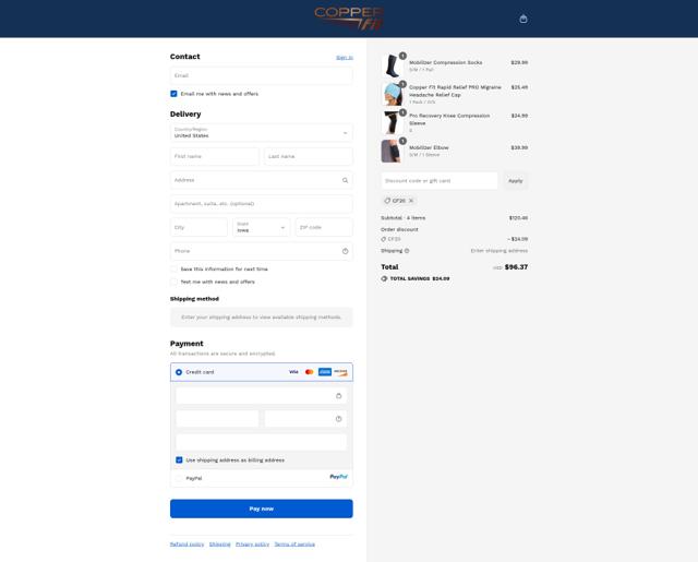 Copperfit checkout page showing Copperfit promo code box | Screenshot taken by SimplyCodes community member on Sep 13, 2025