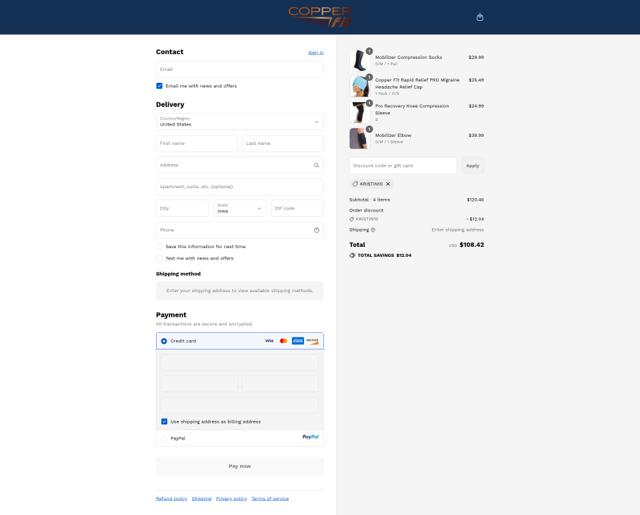 Copperfit checkout page showing Copperfit promo code box | Screenshot taken by SimplyCodes community member on Sep 13, 2025
