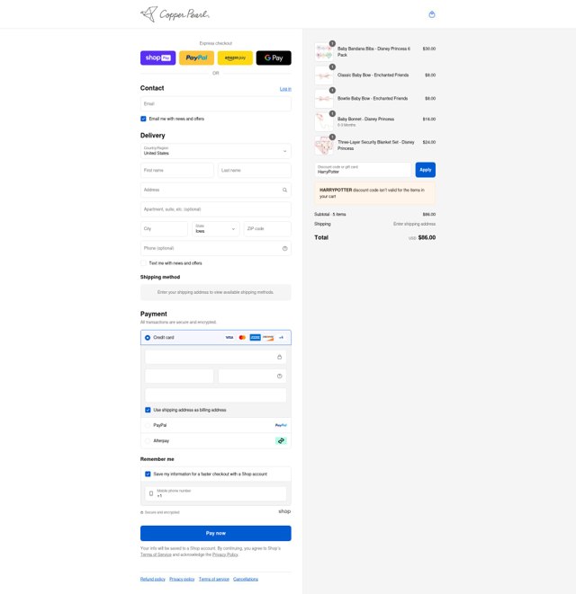 Copper Pearl checkout page showing Copper Pearl discount code box | Screenshot taken by SimplyCodes community member on Aug 20, 2025