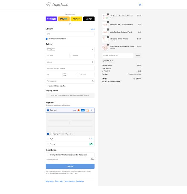 Copper Pearl checkout page showing Copper Pearl discount code box | Screenshot taken by SimplyCodes community member on Aug 20, 2025