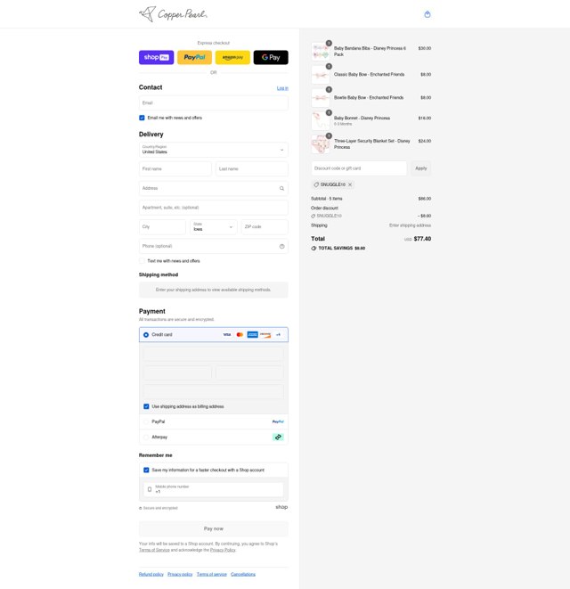 Copper Pearl checkout page showing Copper Pearl discount code box | Screenshot taken by SimplyCodes community member on Aug 20, 2025