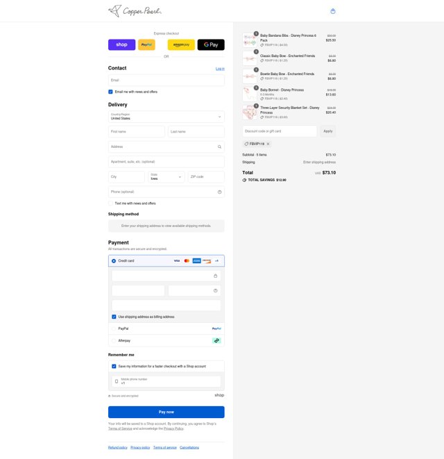 Copper Pearl checkout page showing Copper Pearl discount code box | Screenshot taken by SimplyCodes community member on Aug 29, 2025