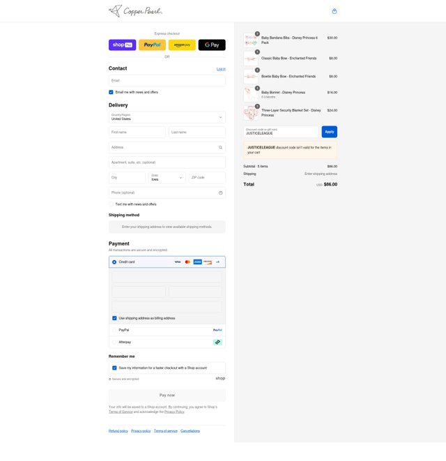 Copper Pearl checkout page showing Copper Pearl discount code box | Screenshot taken by SimplyCodes community member on Aug 15, 2025