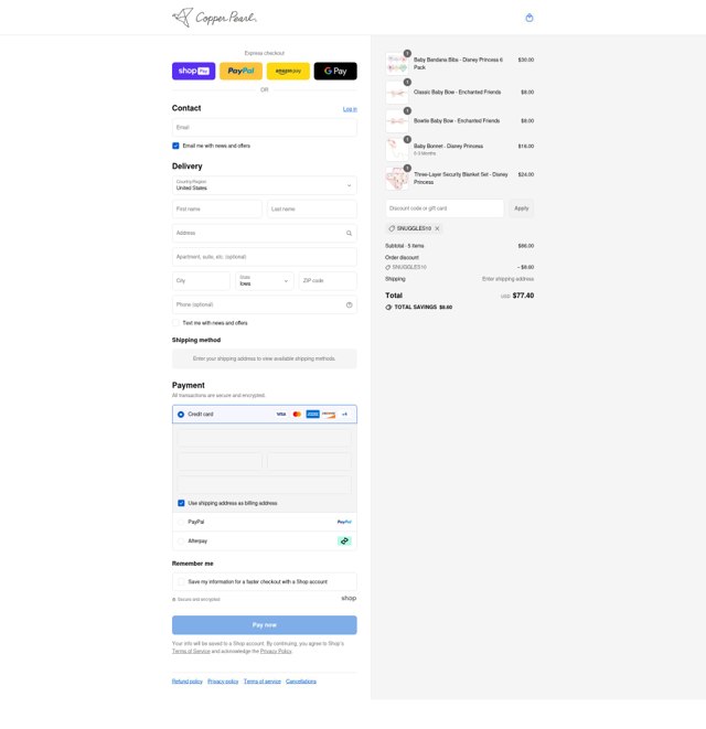 Copper Pearl checkout page showing Copper Pearl discount code box | Screenshot taken by SimplyCodes community member on Aug 20, 2025