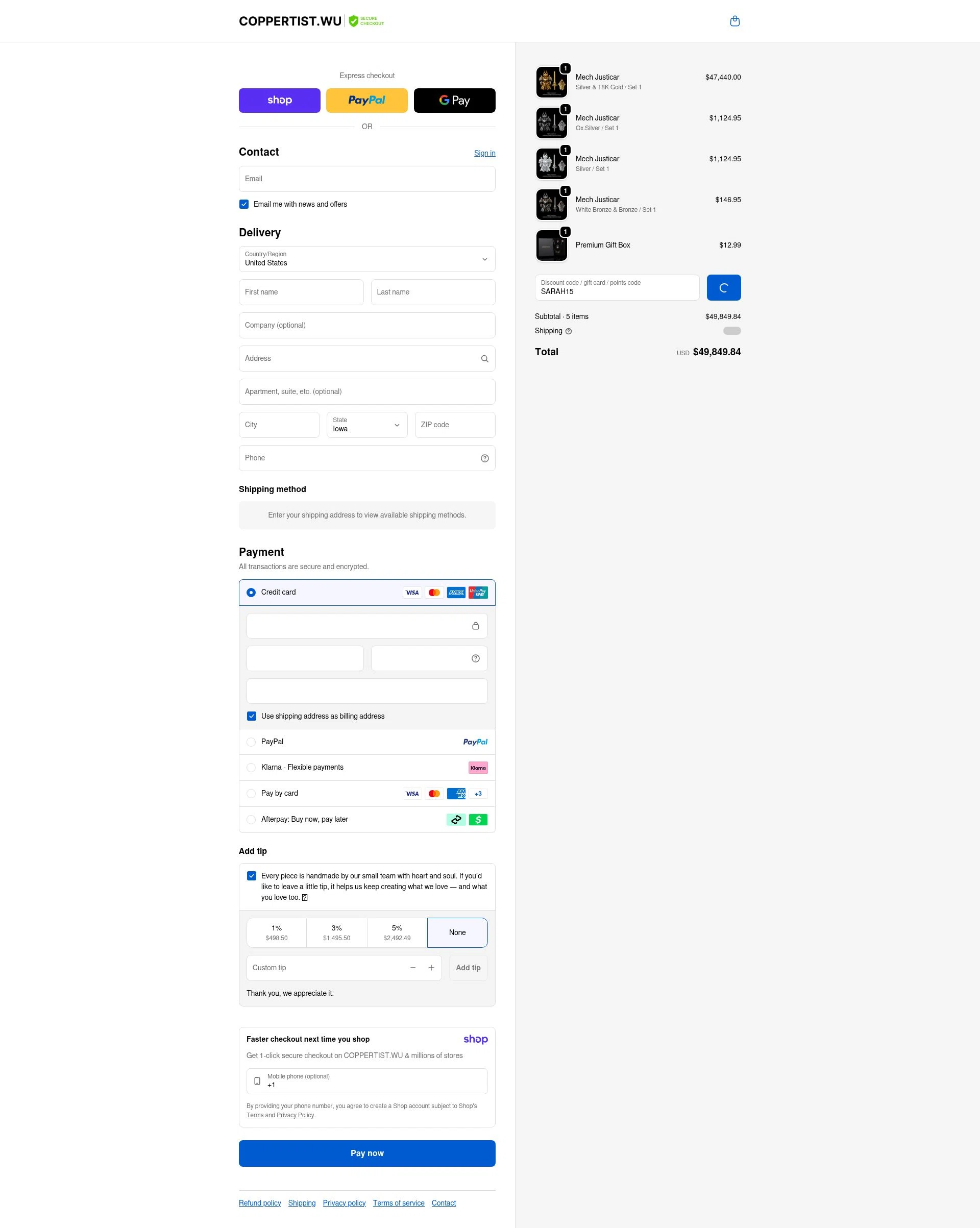 Coppertist.Wu checkout page showing Coppertist.Wu promo code box | Screenshot taken by SimplyCodes community member on Jan 8, 2026