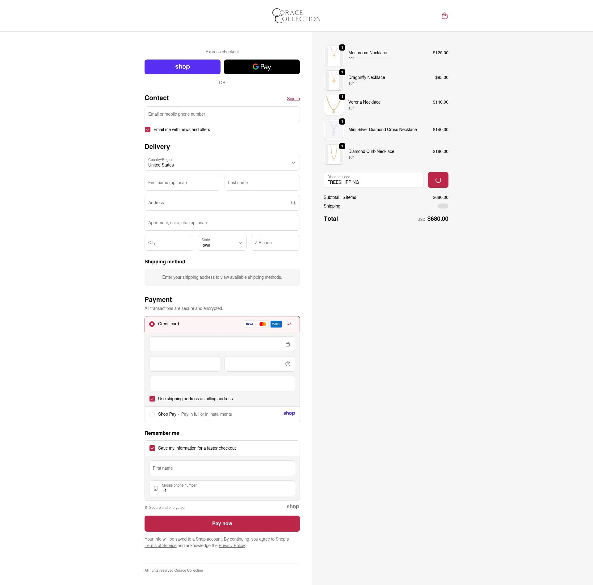 Corace Collection checkout page showing Corace Collection promo code box | Screenshot taken by SimplyCodes community member on Dec 19, 2025