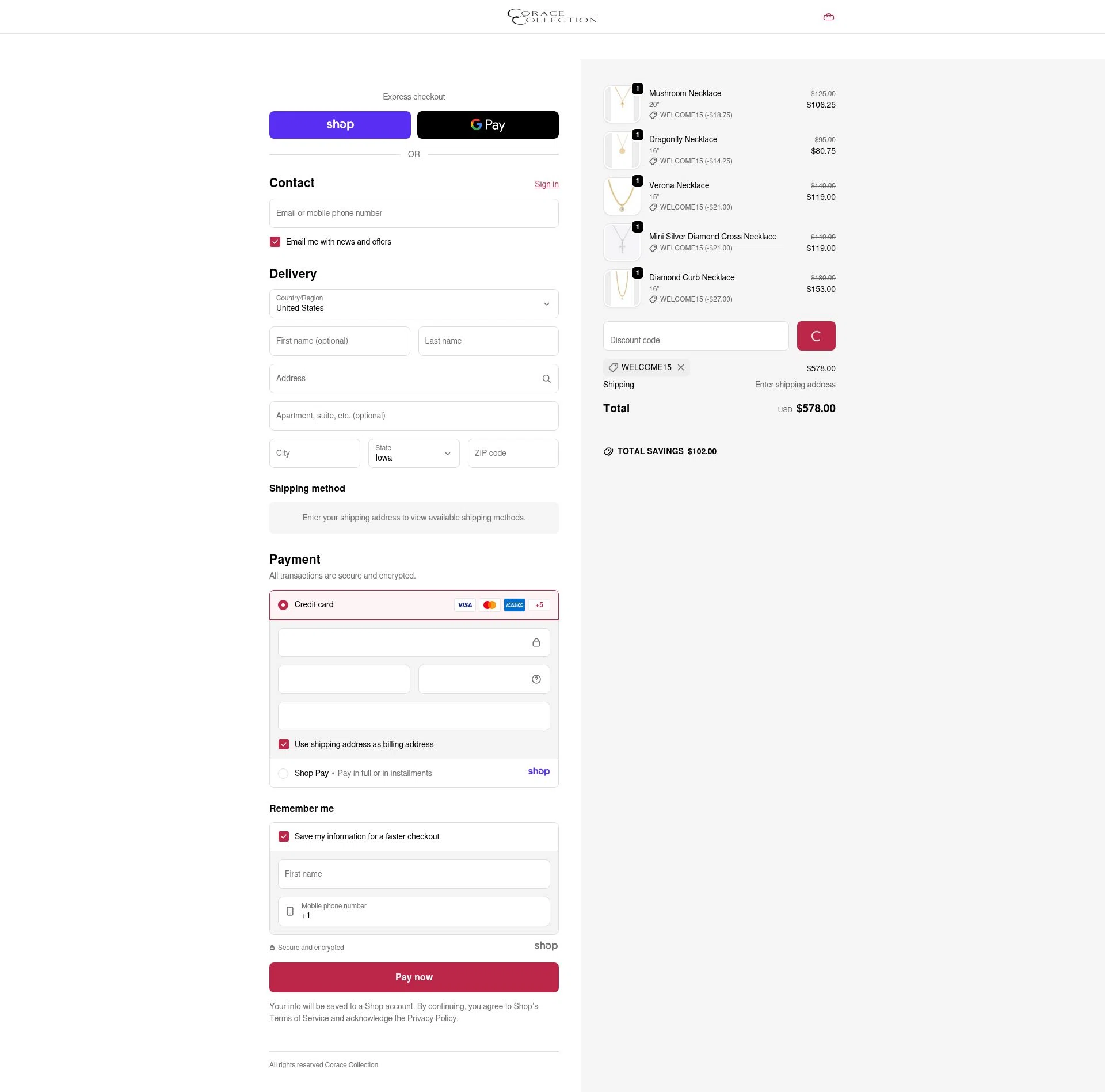 Corace Collection checkout page showing Corace Collection promo code box | Screenshot taken by SimplyCodes community member on Dec 19, 2025