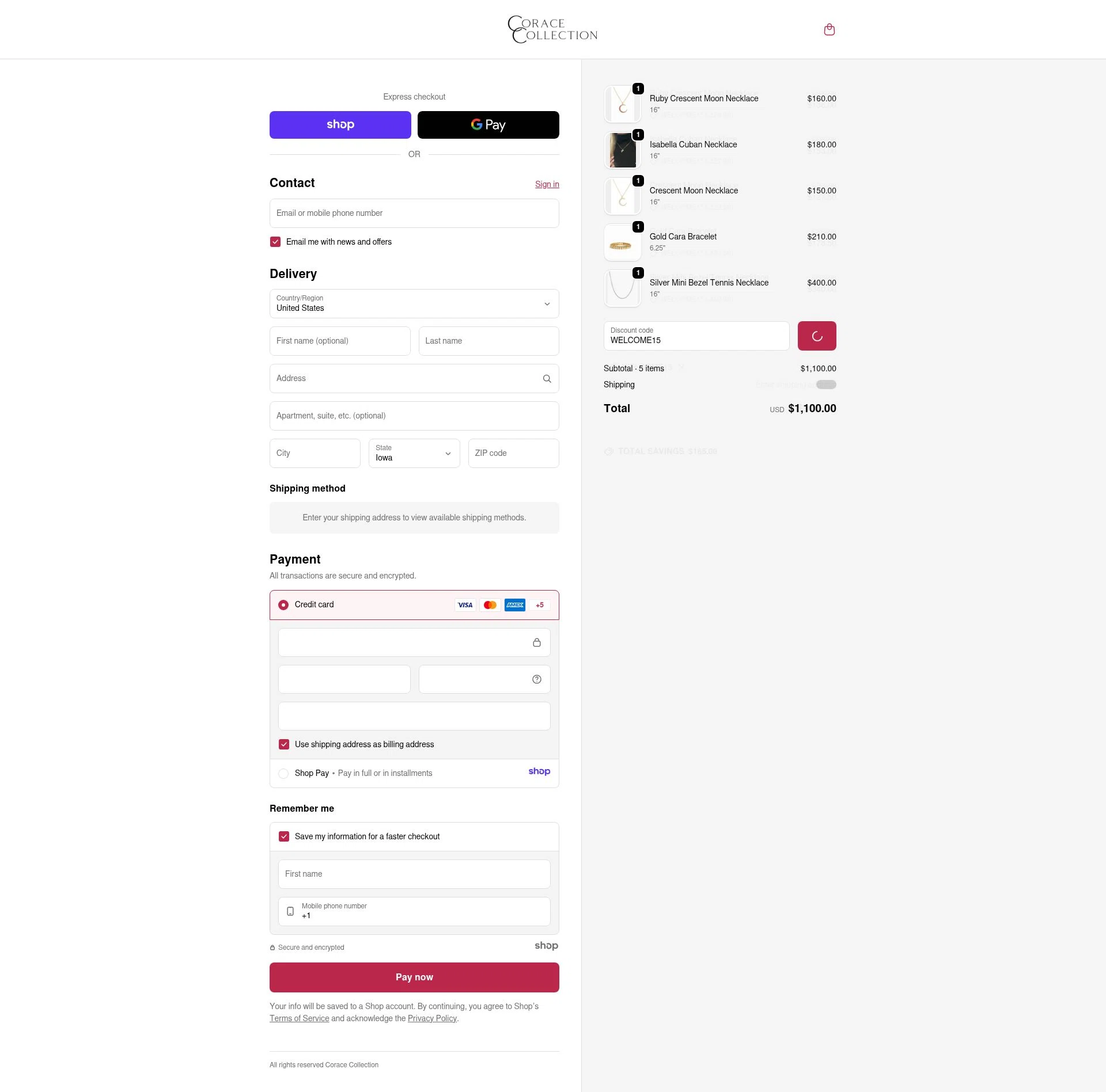 Corace Collection checkout page showing Corace Collection promo code box | Screenshot taken by SimplyCodes community member on Dec 25, 2025