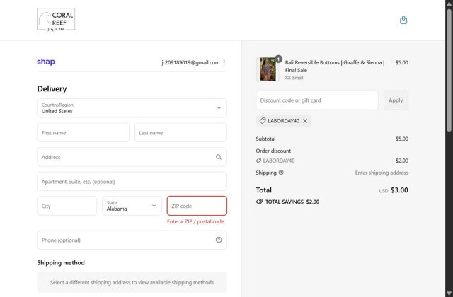 Coral Reef Swim checkout page showing Coral Reef Swim discount code box | Screenshot taken by SimplyCodes community member on Aug 29, 2025