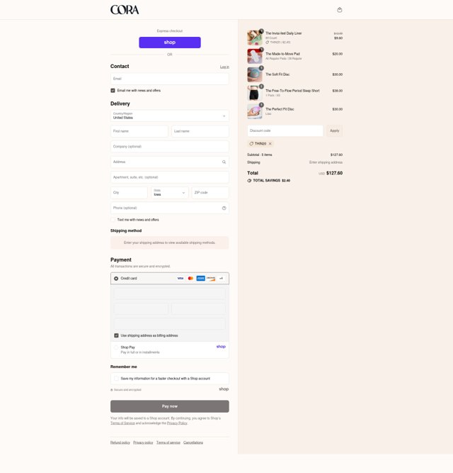 Cora checkout page showing Cora discount code box | Screenshot taken by SimplyCodes community member on Sep 4, 2025