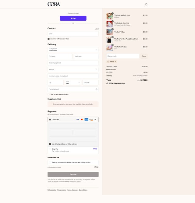 Cora checkout page showing Cora discount code box | Screenshot taken by SimplyCodes community member on Sep 4, 2025